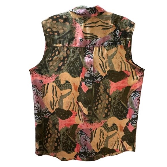 VTG Leena Studio Button Up Floral Boho Silk Sleeveless Blouse Women M Brown Pink - Picture 5 of 8